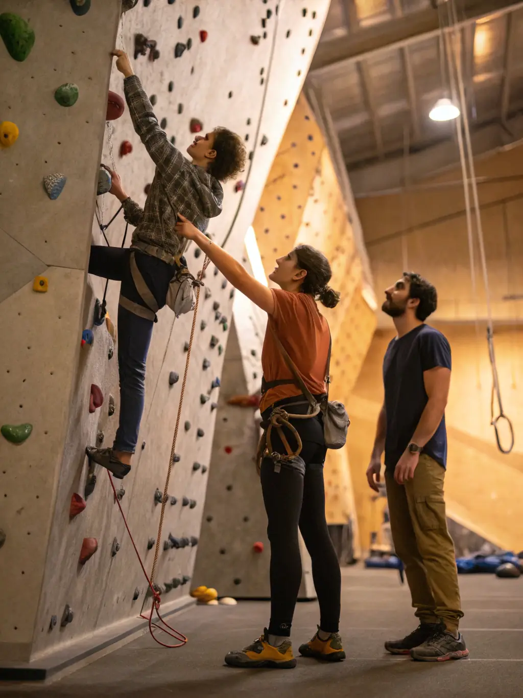 A group of climbers participating in a beginner's climbing course, learning basic techniques on a low rock wall, with an instructor demonstrating proper form and safety measures.