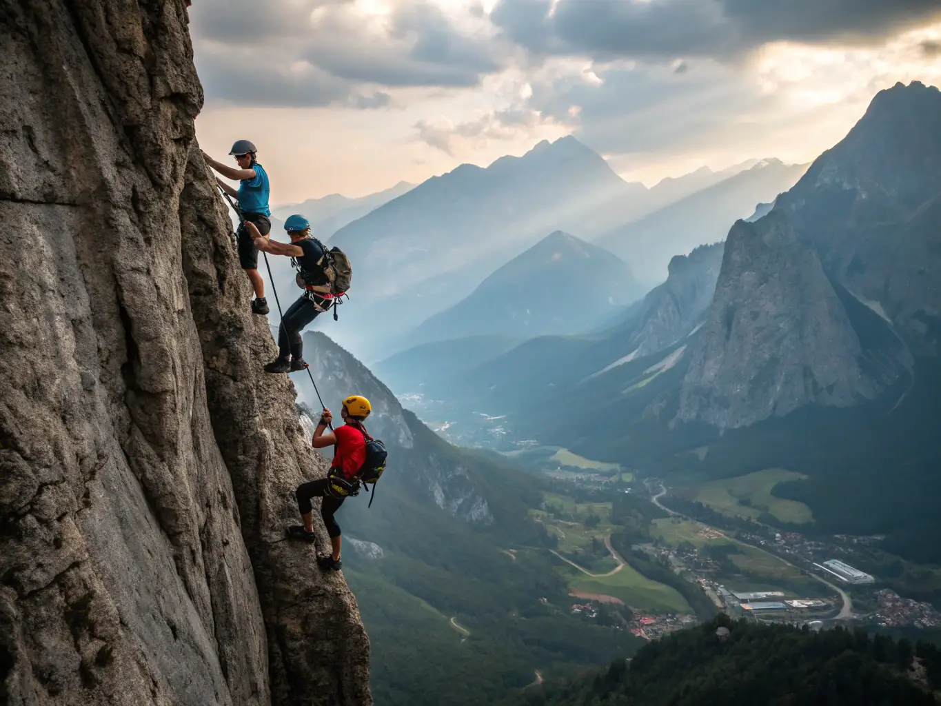 A scenic image of a group of experienced climbers scaling a challenging rock face in the mountains during an organized club outing, showcasing teamwork and the beauty of the natural environment.