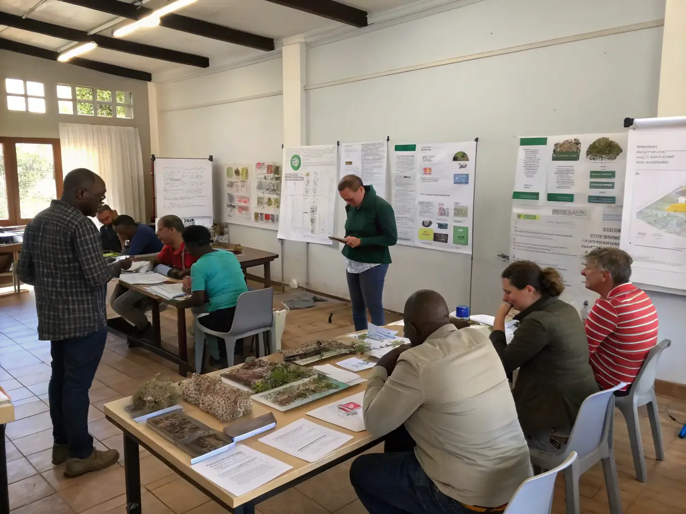 A photograph of a workshop session where participants are learning about environmental conservation and responsible climbing practices, with an instructor leading a discussion.
