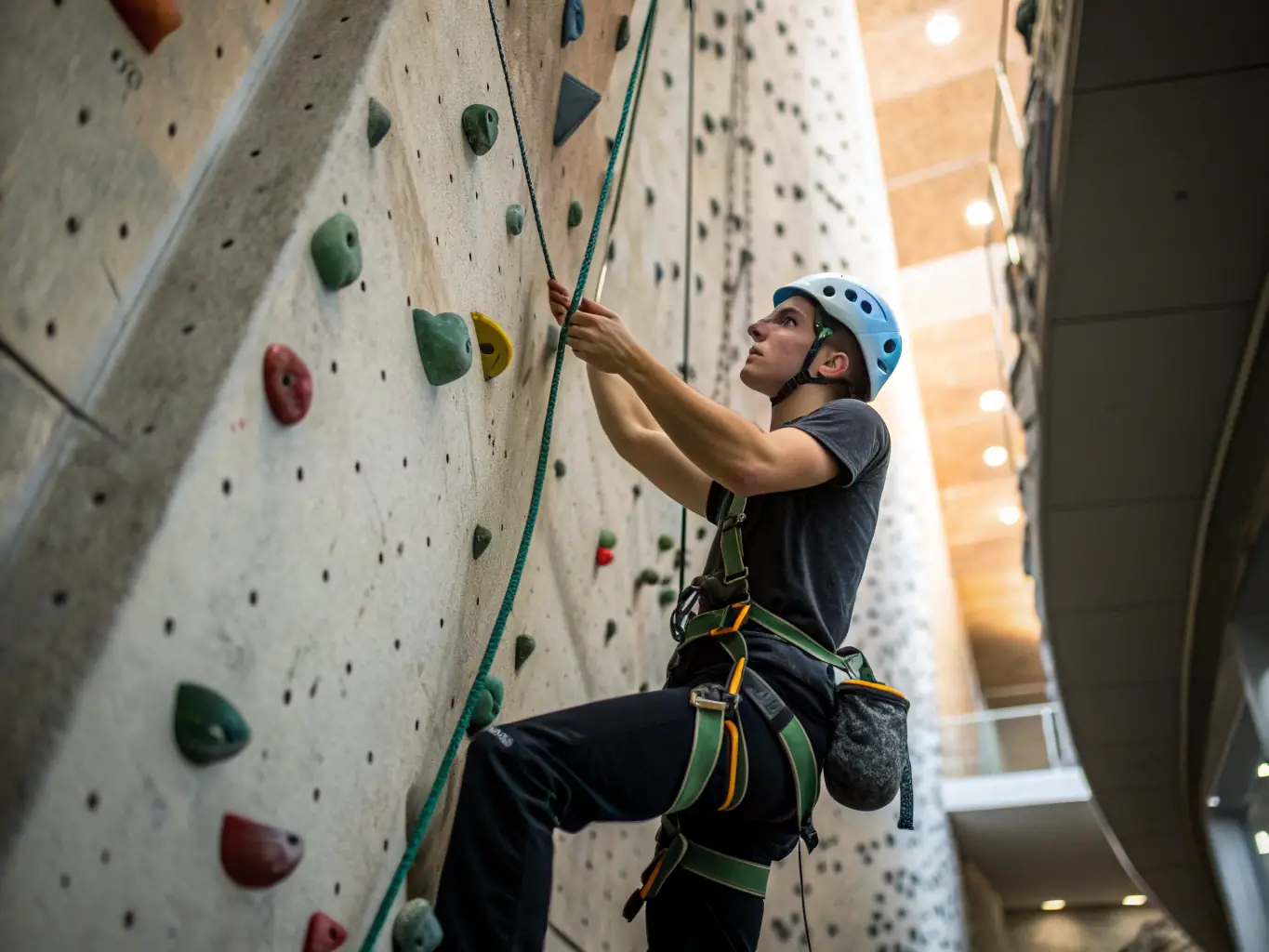 A group of climbers participating in a beginner's rock climbing course, learning basic techniques on a small indoor climbing wall, with an instructor demonstrating proper form.